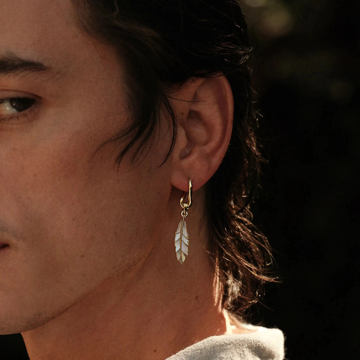 Men's Mother of Pearl Feather Charm Earring